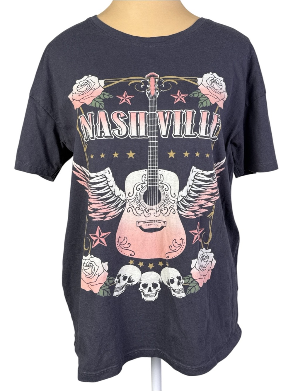 Messy Buns Lazy Days Nashville Graphic Tee Skull Rose Guitar Western Size S